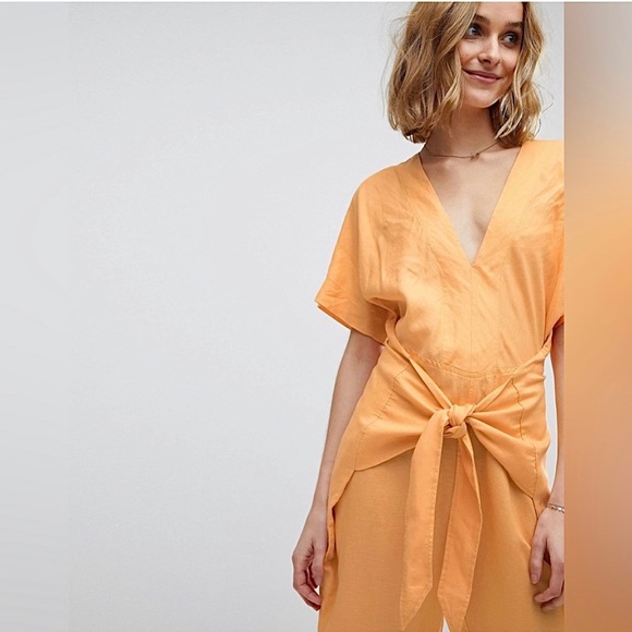 Free People Shining Sun Wrap Linen Jumpsuit Romper Playsuit Orange Cutout Sz L - Picture 4 of 12